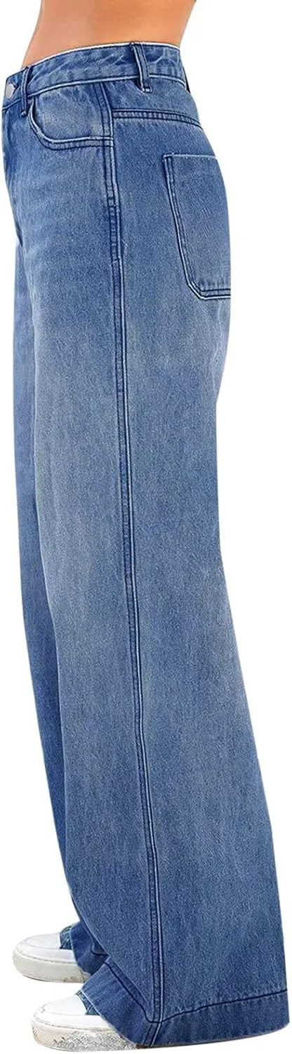 Women's High Waisted Flare Jeans with Belt Bootcut Stretchy Denim Pants Full Length Baggy Ripped Wide-Leg Patchwork Pants