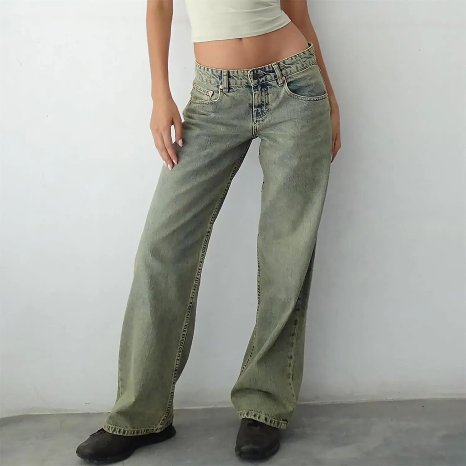 Women's High Waisted Flare Jeans with Belt Bootcut Stretchy Denim Pants Full Length Baggy Ripped Wide-Leg Patchwork Pants