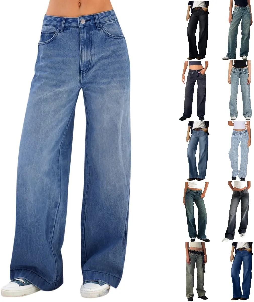 Women's High Waisted Flare Jeans with Belt Bootcut Stretchy Denim Pants Full Length Baggy Ripped Wide-Leg Patchwork Pants