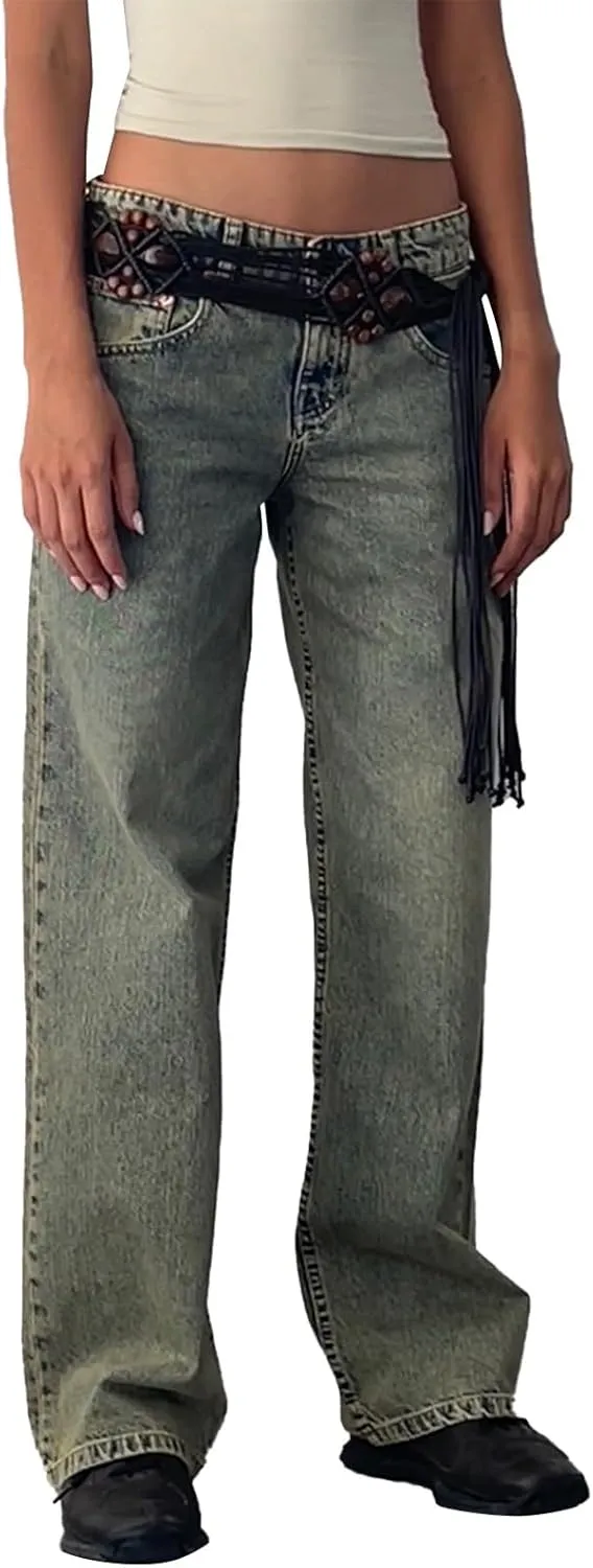 Women's High Waisted Flare Jeans with Belt Bootcut Stretchy Denim Pants Full Length Baggy Ripped Wide-Leg Patchwork Pants