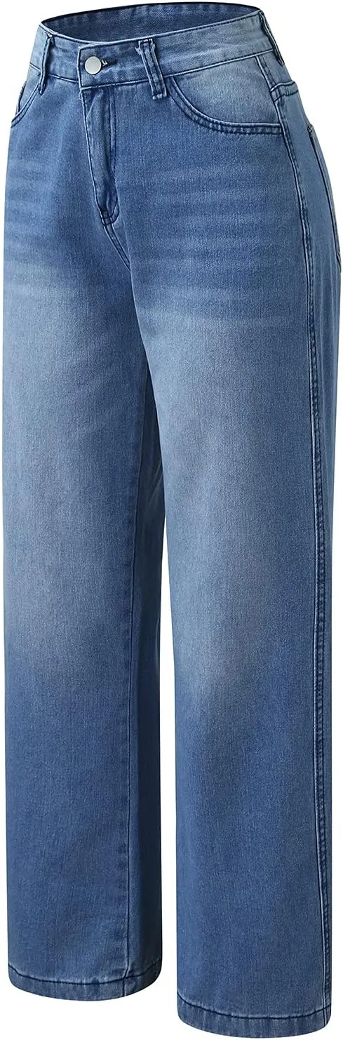 Women's High Waisted Flare Jeans with Belt Bootcut Stretchy Denim Pants Full Length Baggy Ripped Wide-Leg Patchwork Pants