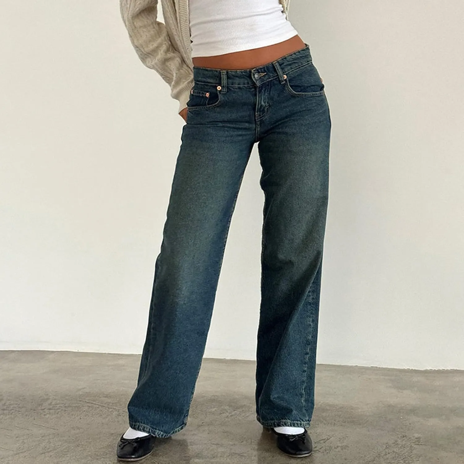 Women's High Waisted Flare Jeans with Belt Bootcut Stretchy Denim Pants Full Length Baggy Ripped Wide-Leg Patchwork Pants