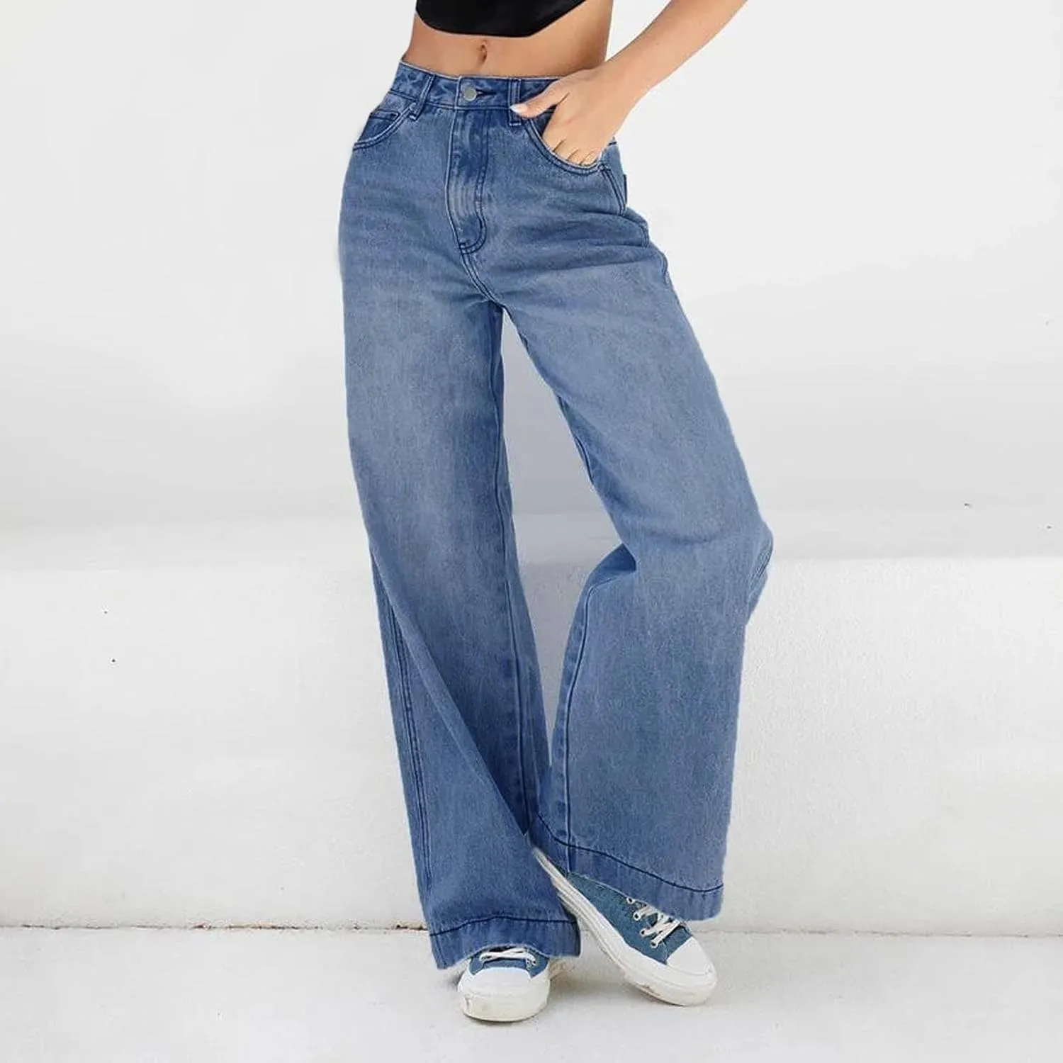 Women's High Waisted Flare Jeans with Belt Bootcut Stretchy Denim Pants Full Length Baggy Ripped Wide-Leg Patchwork Pants