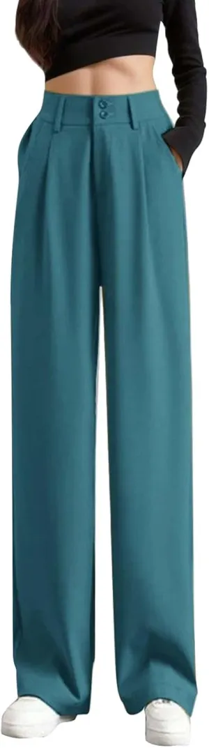 Women's High Waisted Pants Casual Wide Leg Straight Pants Button Business Office Trousers with Pockets