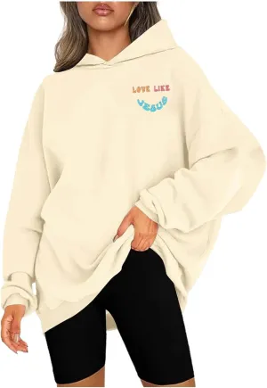 Women's Hoodies Casual Loose Letter Graphic Print Sweatshirt Light Pullover Long Sleeve Oversized Tops with Pocket