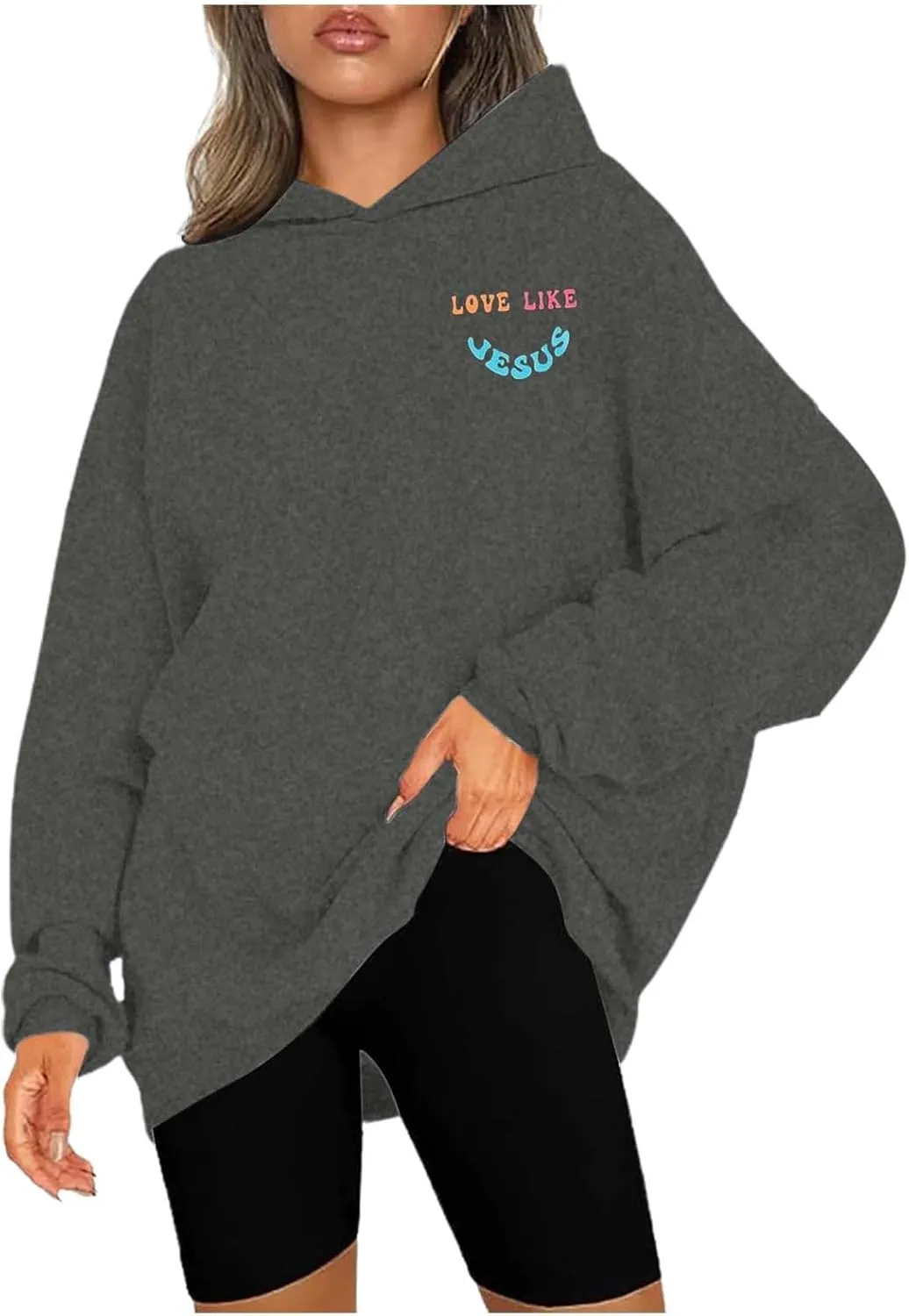 Women's Hoodies Casual Loose Letter Graphic Print Sweatshirt Light Pullover Long Sleeve Oversized Tops with Pocket