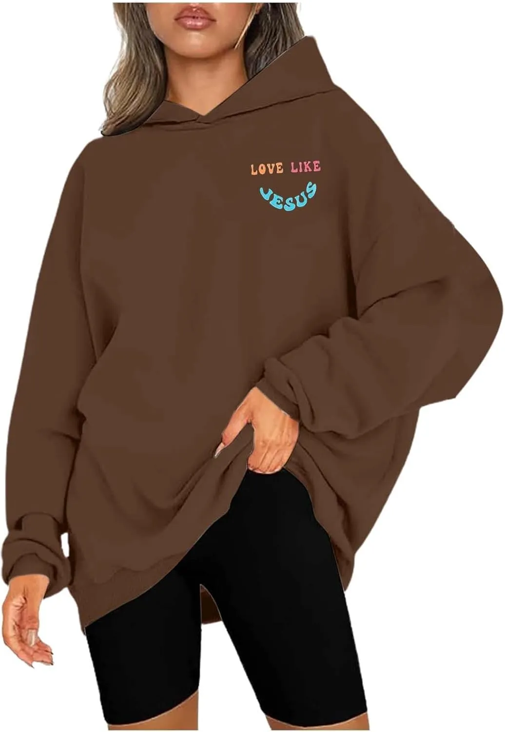 Women's Hoodies Casual Loose Letter Graphic Print Sweatshirt Light Pullover Long Sleeve Oversized Tops with Pocket