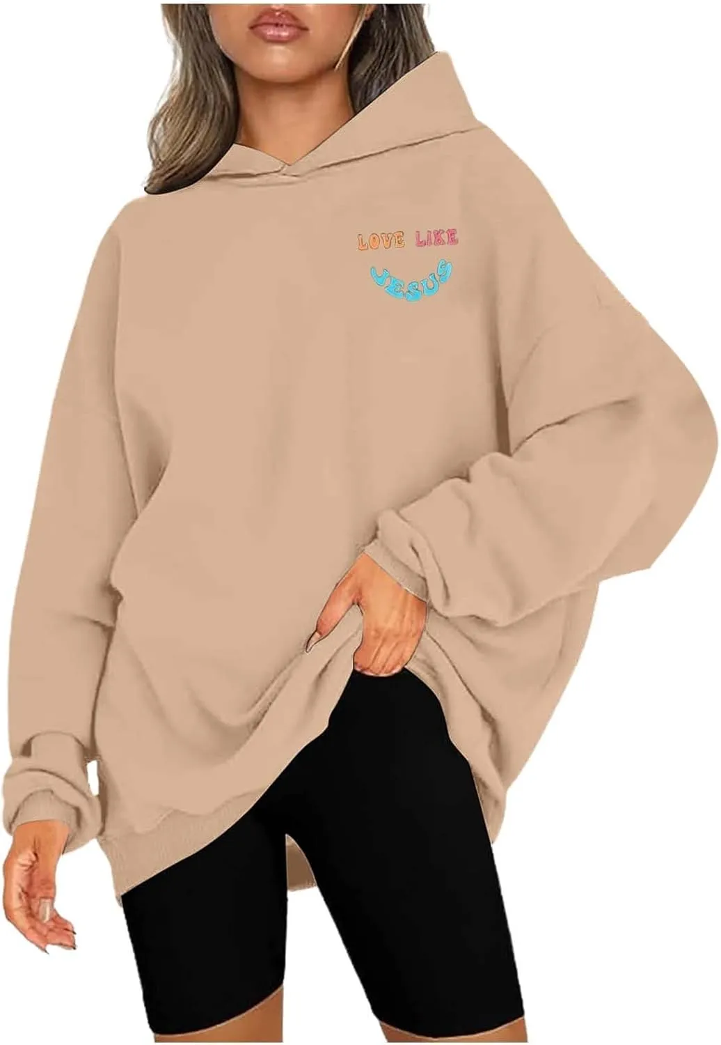 Women's Hoodies Casual Loose Letter Graphic Print Sweatshirt Light Pullover Long Sleeve Oversized Tops with Pocket