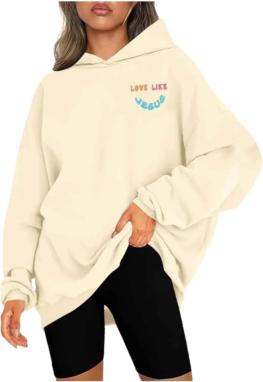 Women's Hoodies Casual Loose Letter Graphic Print Sweatshirt Light Pullover Long Sleeve Oversized Tops with Pocket