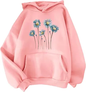 Womens Hoodies Fall Long Sleeve Drawstring Pullover Tops With Pocket Fashion Print Loose Casual Sweatshirt