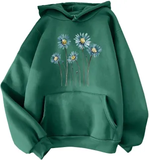Womens Hoodies Fall Long Sleeve Drawstring Pullover Tops With Pocket Fashion Print Loose Casual Sweatshirt
