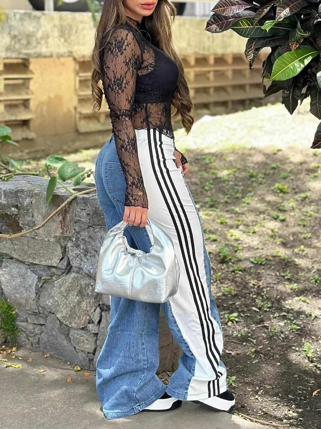 Women’s Jeans Wide Leg Patchwork Stripes High Waist Jean Color Block Baggy Straight Trendy Demin Pants