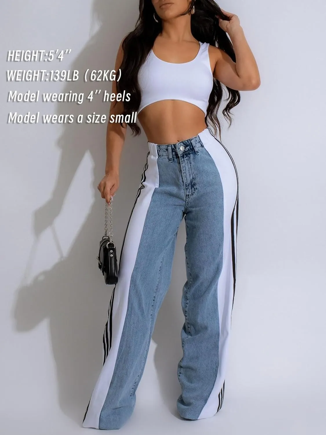 Women’s Jeans Wide Leg Patchwork Stripes High Waist Jean Color Block Baggy Straight Trendy Demin Pants