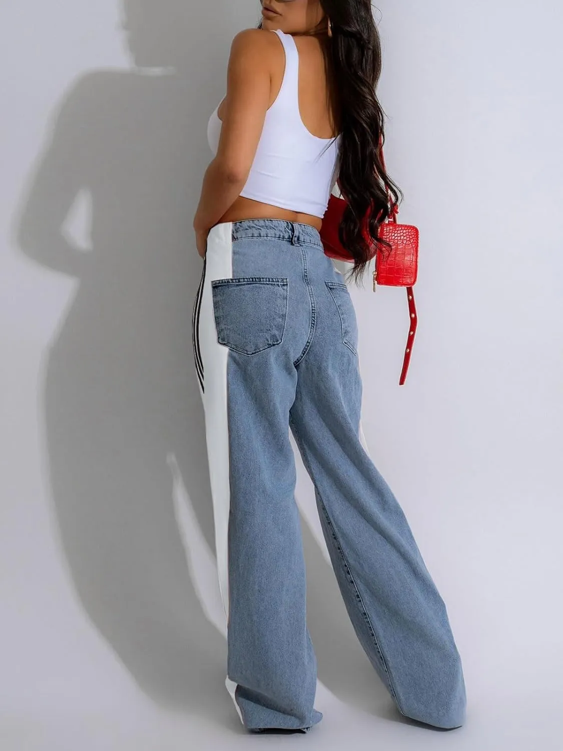 Women’s Jeans Wide Leg Patchwork Stripes High Waist Jean Color Block Baggy Straight Trendy Demin Pants