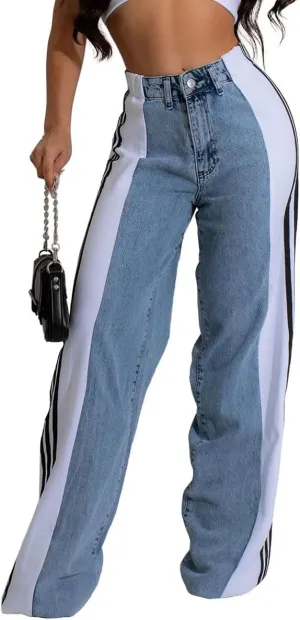 Women’s Jeans Wide Leg Patchwork Stripes High Waist Jean Color Block Baggy Straight Trendy Demin Pants