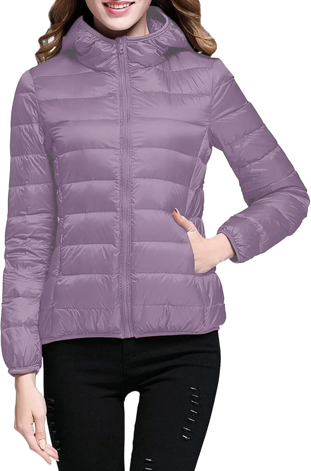 Women's Lightweight Hooded Down Jacket Packable Puffer Coats Puffer Jacket Hooded Windproof Winter Coat