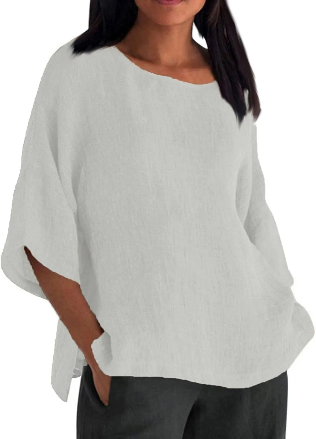 Women's Linen Shirts 3/4 Sleeve Crew Neck Solid Color Tees Casual Trendy Bohemian Style Summer Vacation Tunic Blouses