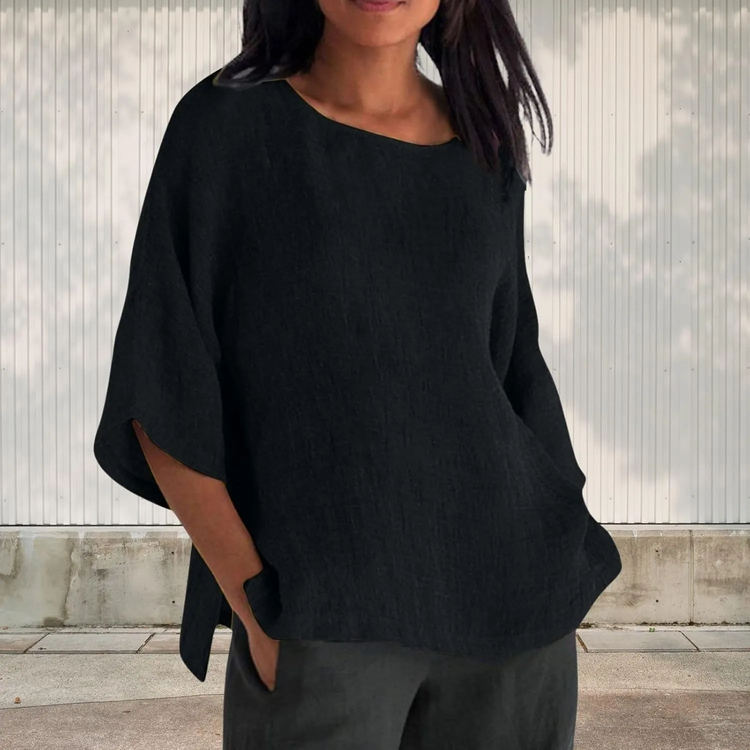 Women's Linen Shirts 3/4 Sleeve Crew Neck Solid Color Tees Casual Trendy Bohemian Style Summer Vacation Tunic Blouses