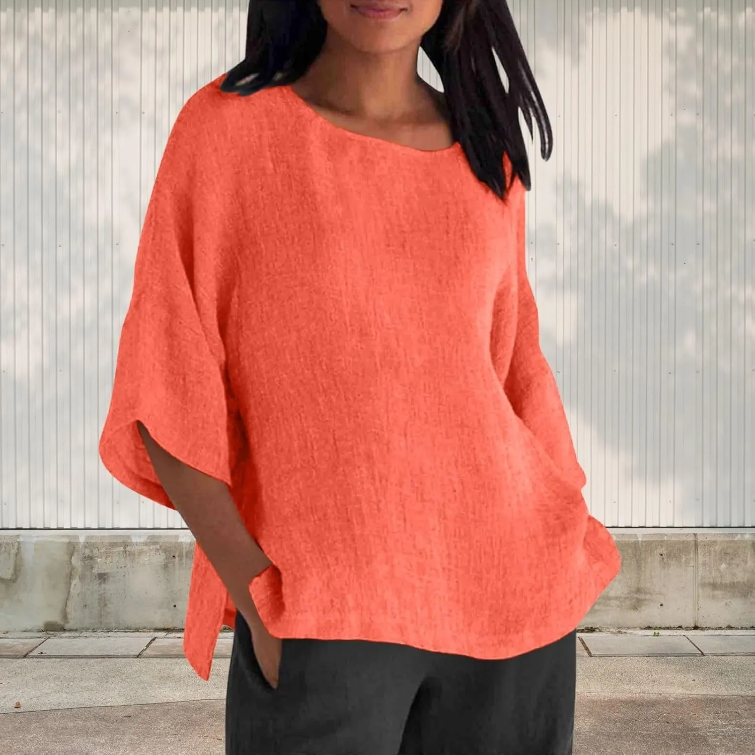 Women's Linen Shirts 3/4 Sleeve Crew Neck Solid Color Tees Casual Trendy Bohemian Style Summer Vacation Tunic Blouses