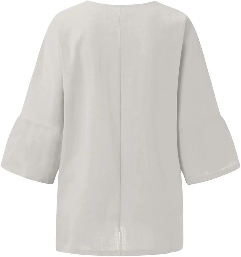 Women's Linen Shirts 3/4 Sleeve Crew Neck Solid Color Tees Casual Trendy Bohemian Style Summer Vacation Tunic Blouses
