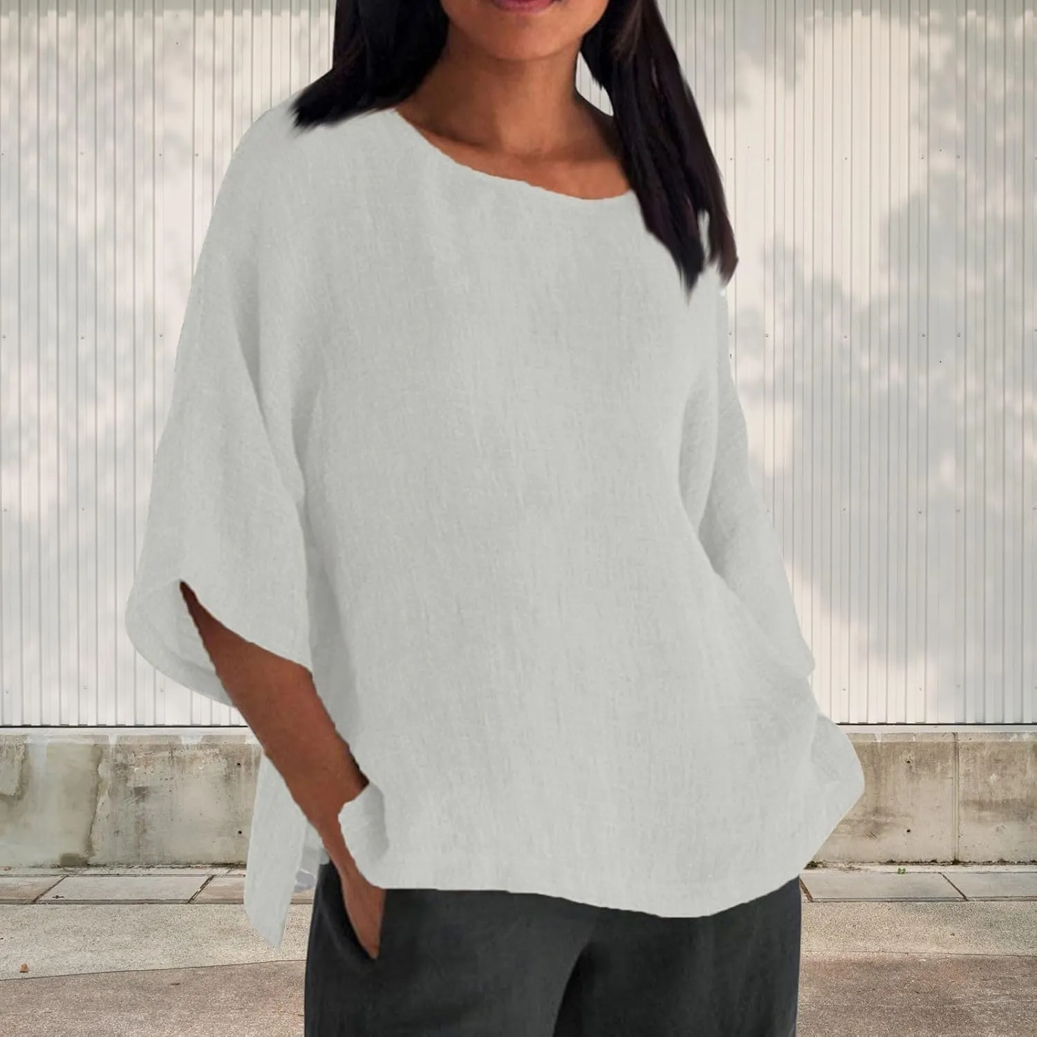Women's Linen Shirts 3/4 Sleeve Crew Neck Solid Color Tees Casual Trendy Bohemian Style Summer Vacation Tunic Blouses
