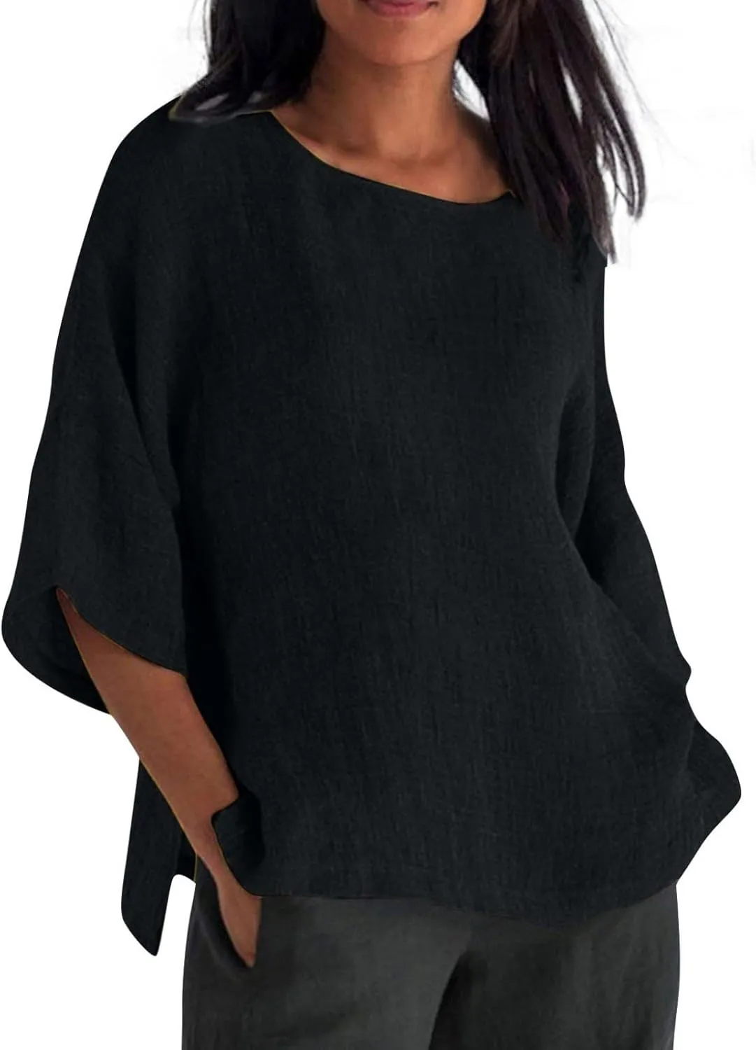 Women's Linen Shirts 3/4 Sleeve Crew Neck Solid Color Tees Casual Trendy Bohemian Style Summer Vacation Tunic Blouses