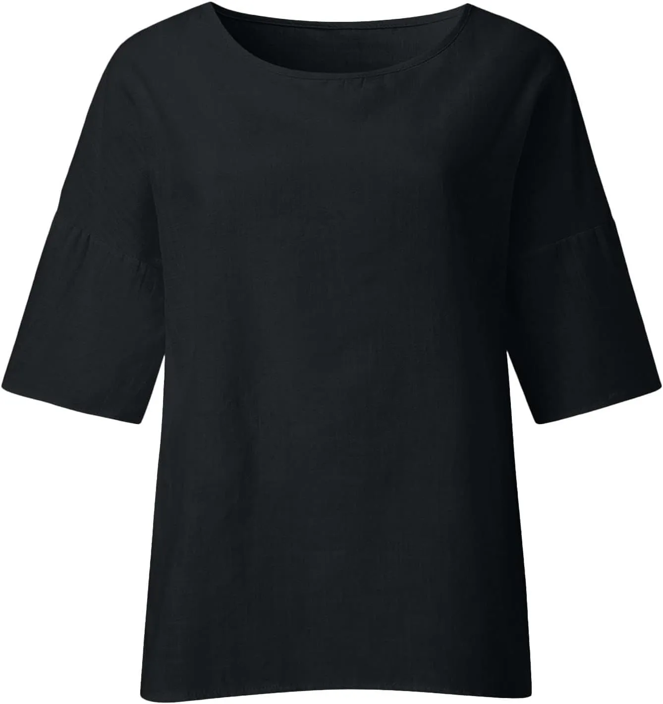 Women's Linen Shirts 3/4 Sleeve Crew Neck Solid Color Tees Casual Trendy Bohemian Style Summer Vacation Tunic Blouses