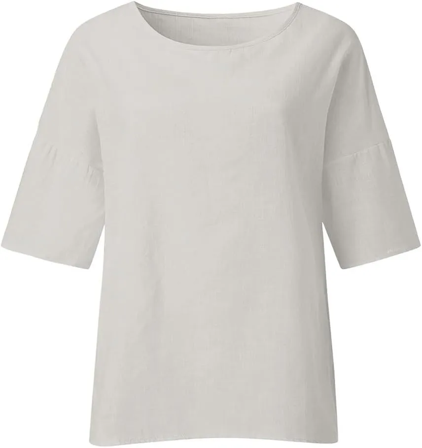 Women's Linen Shirts 3/4 Sleeve Crew Neck Solid Color Tees Casual Trendy Bohemian Style Summer Vacation Tunic Blouses