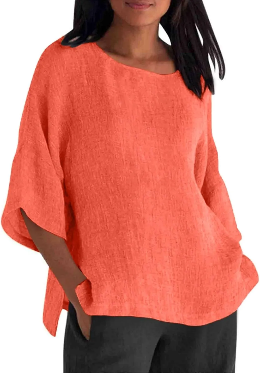 Women's Linen Shirts 3/4 Sleeve Crew Neck Solid Color Tees Casual Trendy Bohemian Style Summer Vacation Tunic Blouses