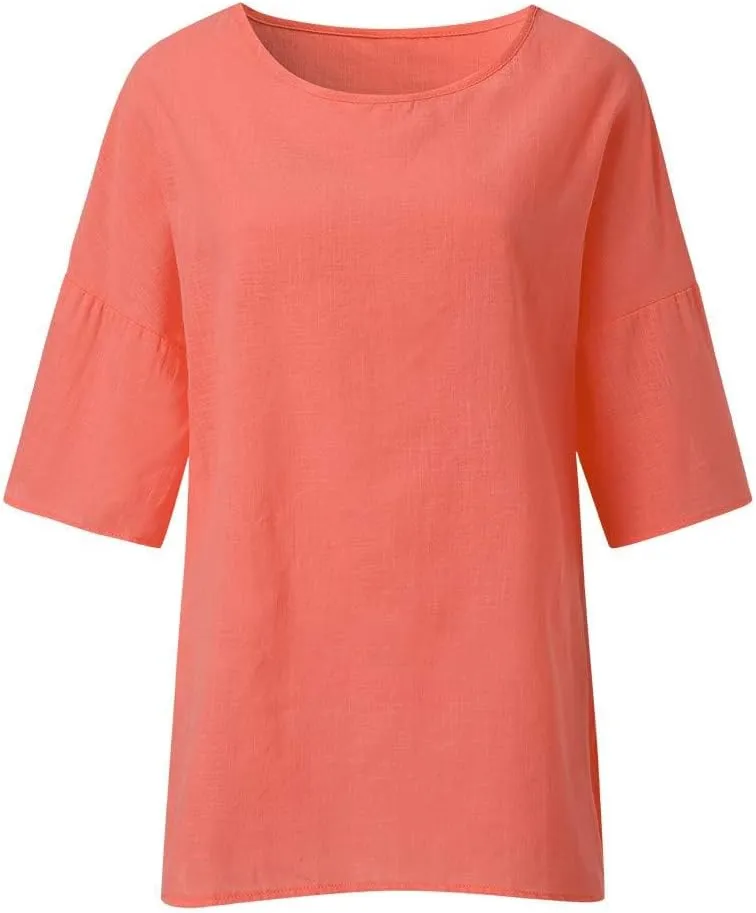 Women's Linen Shirts 3/4 Sleeve Crew Neck Solid Color Tees Casual Trendy Bohemian Style Summer Vacation Tunic Blouses
