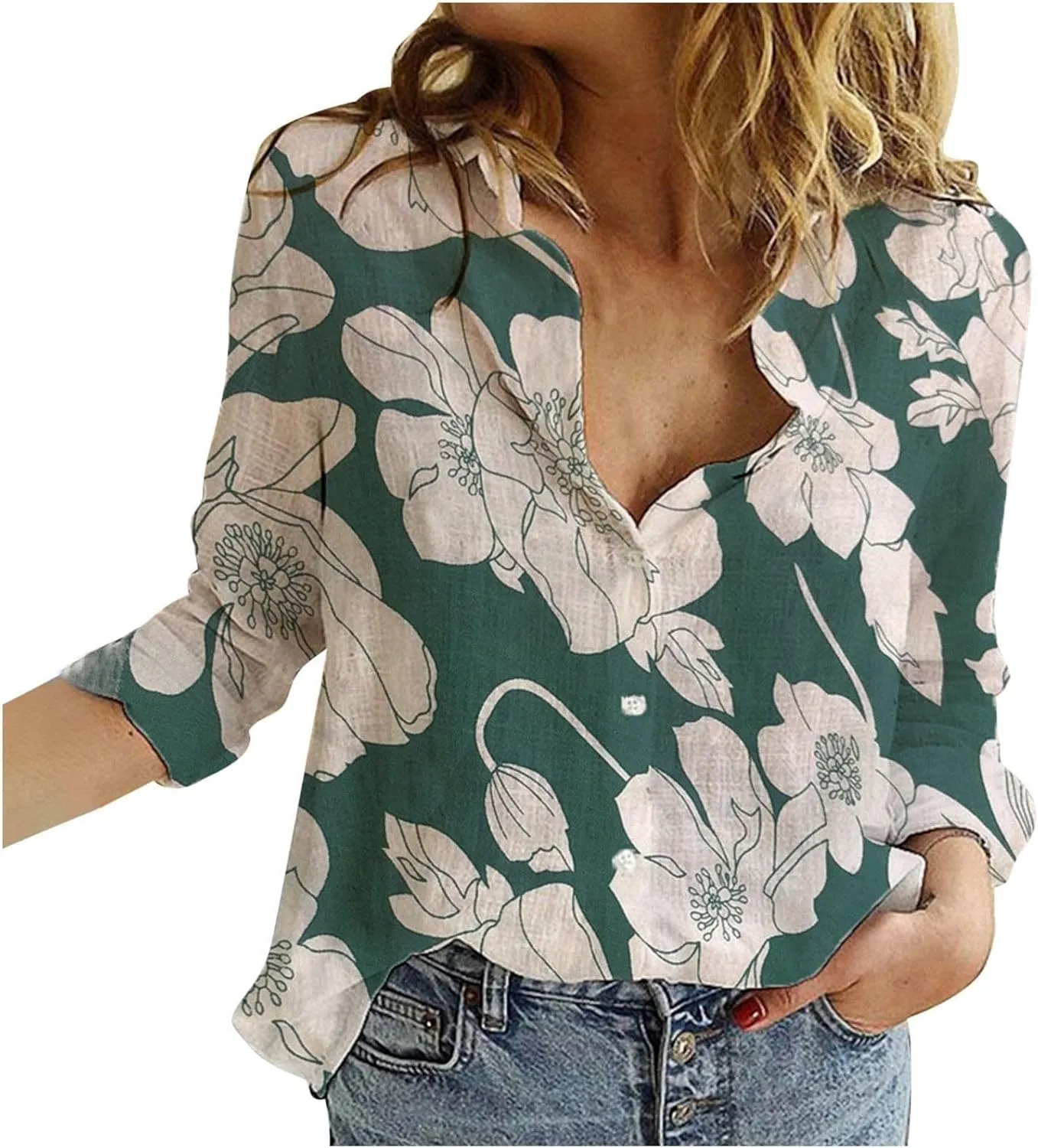 Womens Linen Shirts Casual Loose Floral Printed Button Down Shirts Long Sleeve Lightweight Beach Summer Tops Blouses