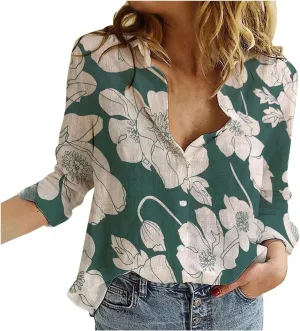 Womens Linen Shirts Casual Loose Floral Printed Button Down Shirts Long Sleeve Lightweight Beach Summer Tops Blouses
