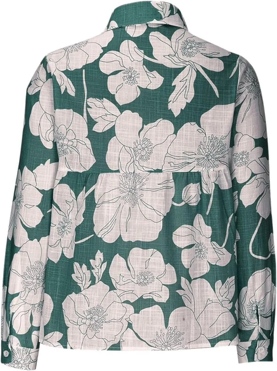 Womens Linen Shirts Casual Loose Floral Printed Button Down Shirts Long Sleeve Lightweight Beach Summer Tops Blouses