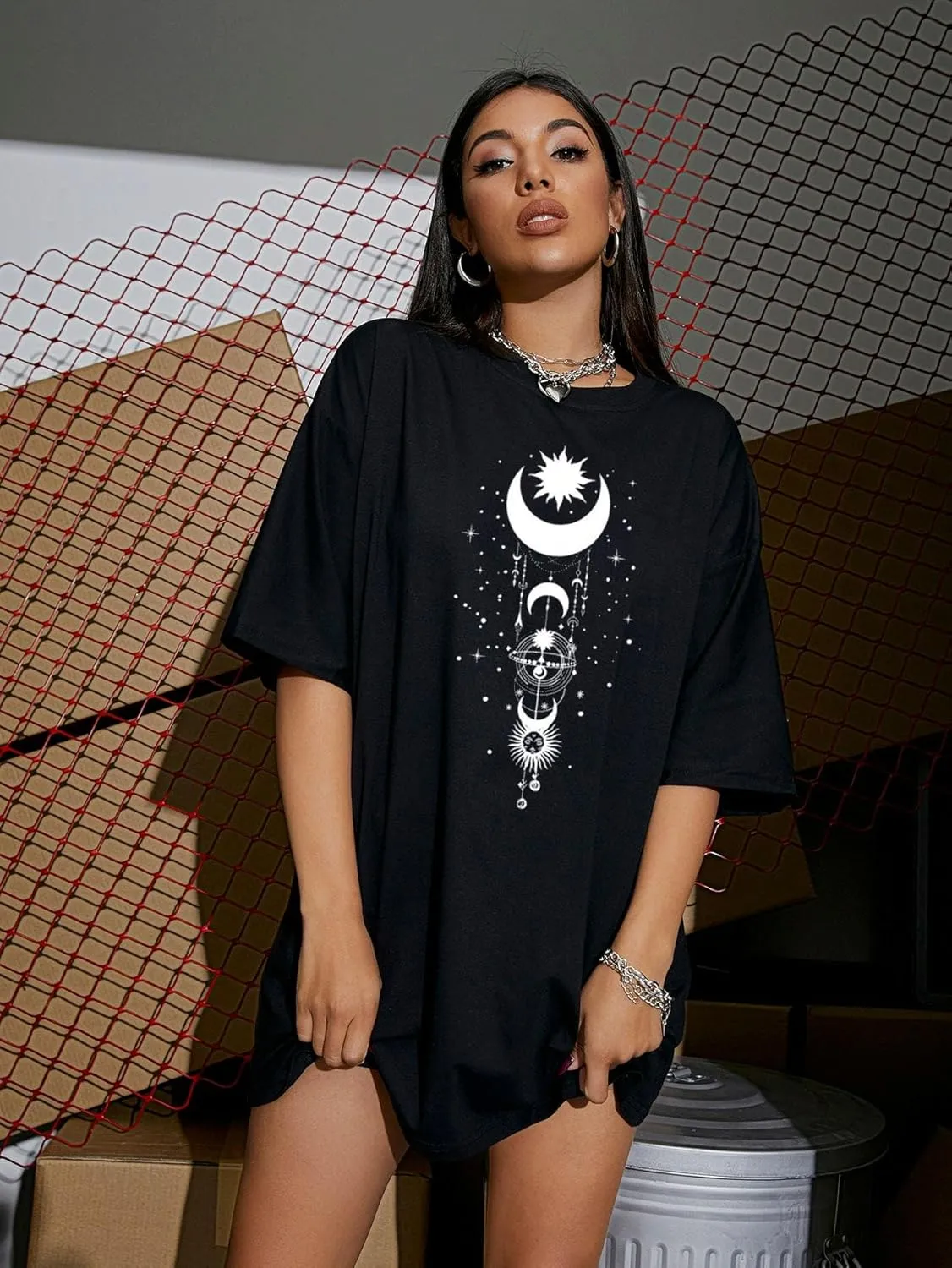 Womens Oversized Graphic Tees Moon Printed Tshirts Butterfly Shirt Vintage Summer Y2K Tops