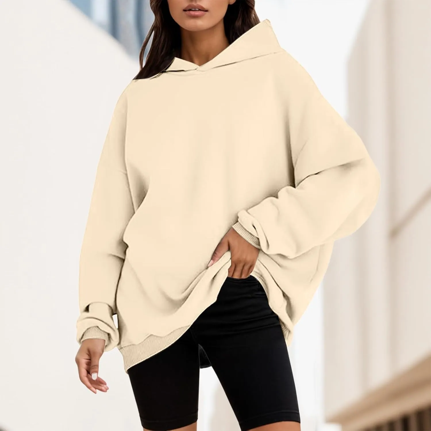 Womens Oversized Hoodies Fleece Solid Hooded Sweatshirts 2024 Trendy Outfits Fall Winter Clothes Pullover Sweater