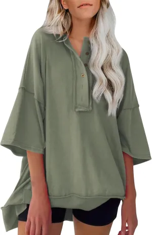 Womens Oversized Sweatshirts 3/4 Length Sleeve Crewneck Pullover Top Drop Shoulder Tees Casual High Low Tunic Tops