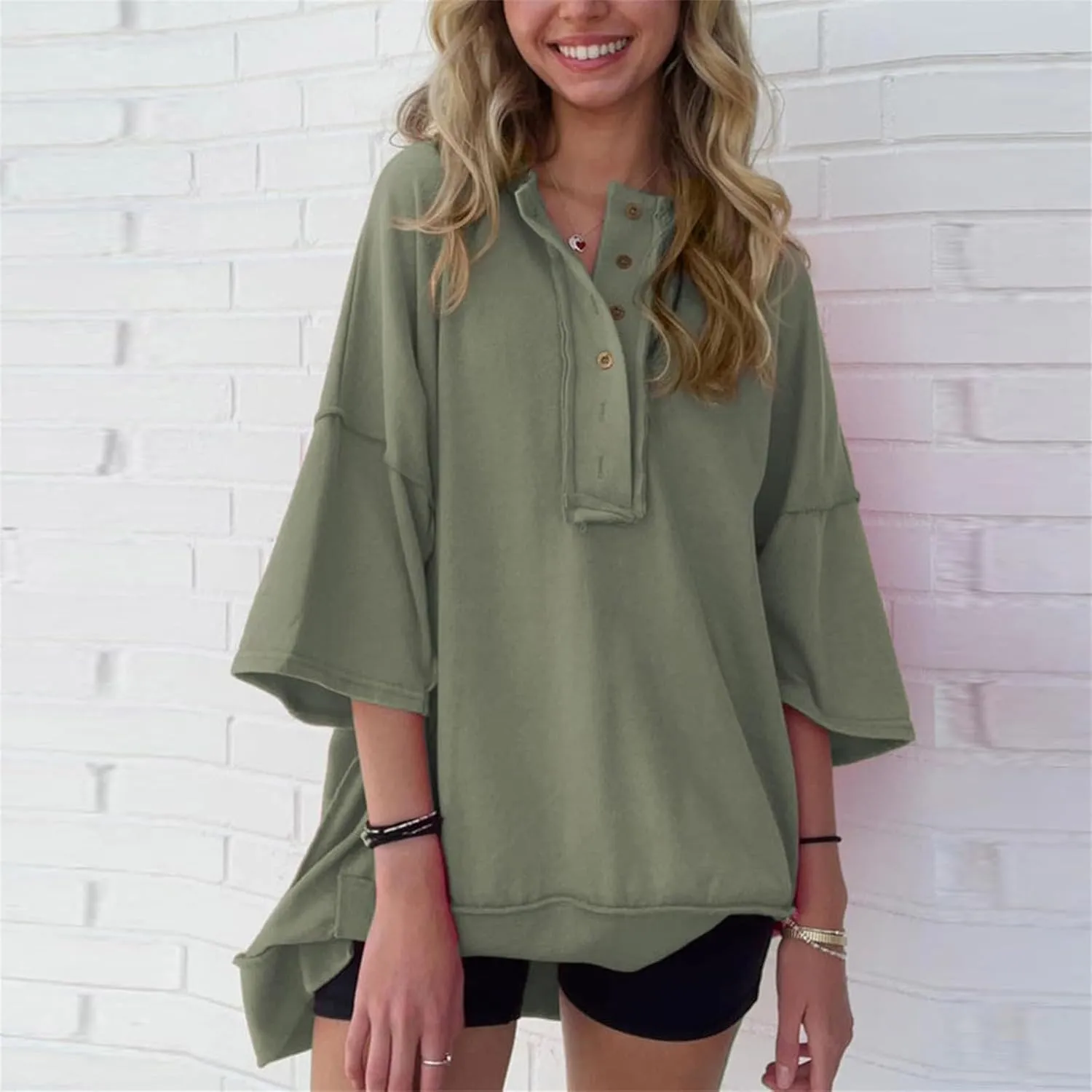 Womens Oversized Sweatshirts 3/4 Length Sleeve Crewneck Pullover Top Drop Shoulder Tees Casual High Low Tunic Tops