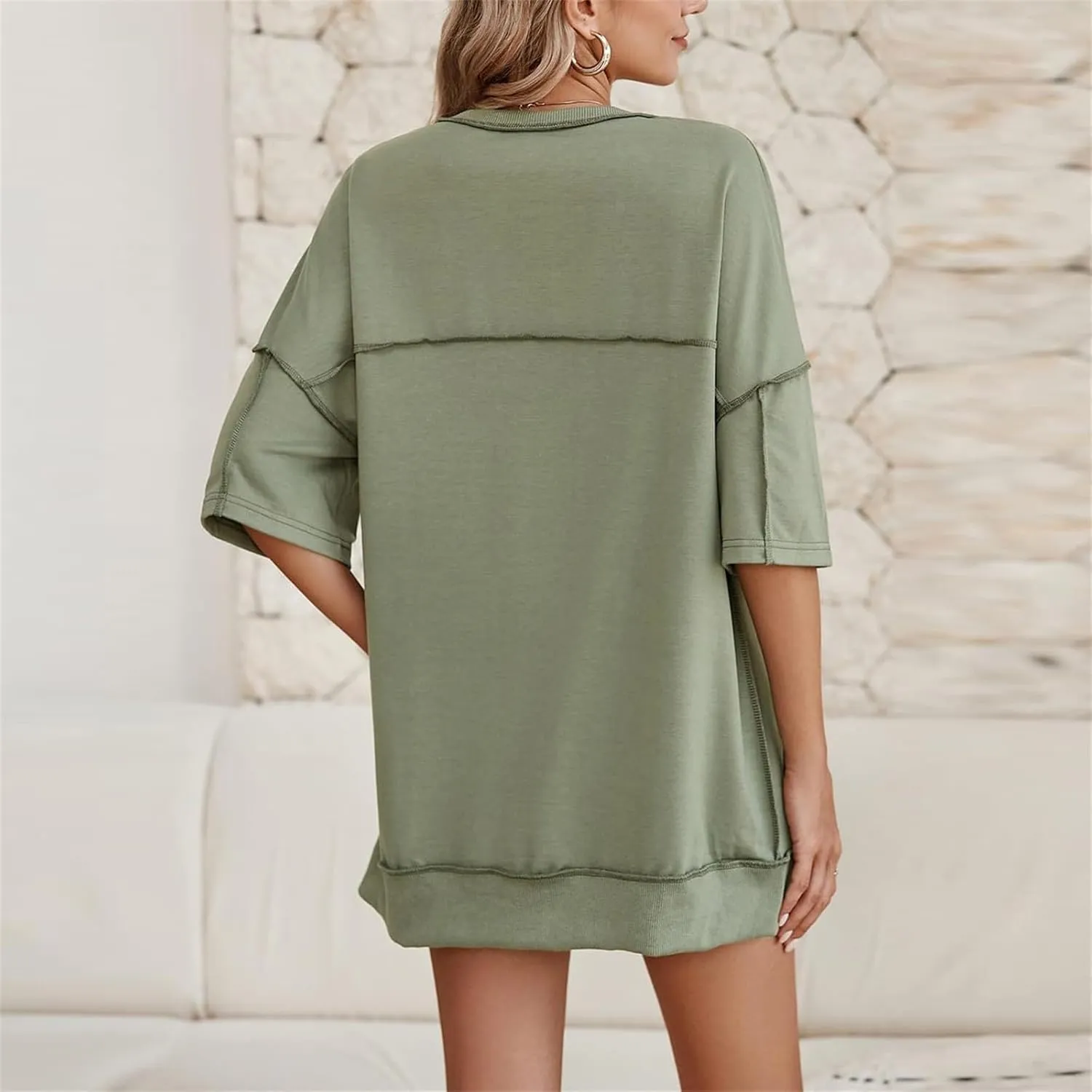 Womens Oversized Sweatshirts 3/4 Length Sleeve Crewneck Pullover Top Drop Shoulder Tees Casual High Low Tunic Tops