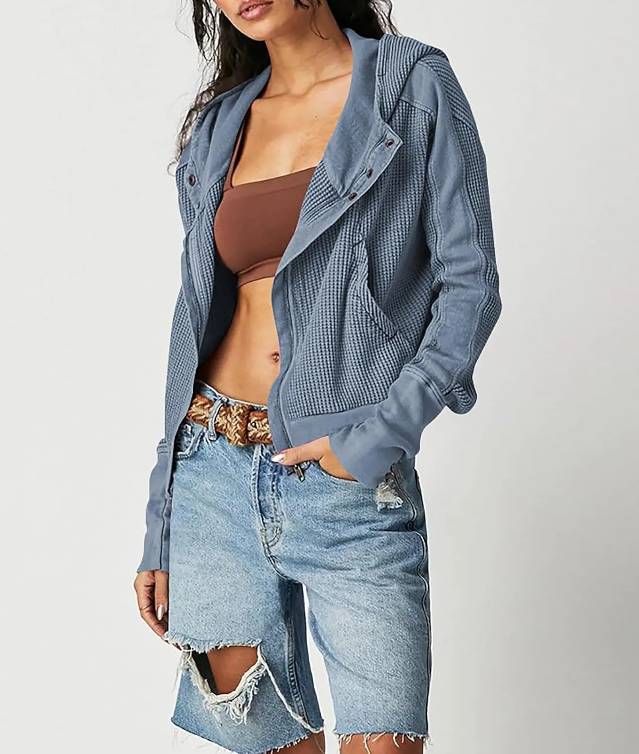 Women's Oversized Zip Up Hoodie Waffle Knit Jacket Button Collar Hooded Sweatshirt Cropped Outerwear With Pockets