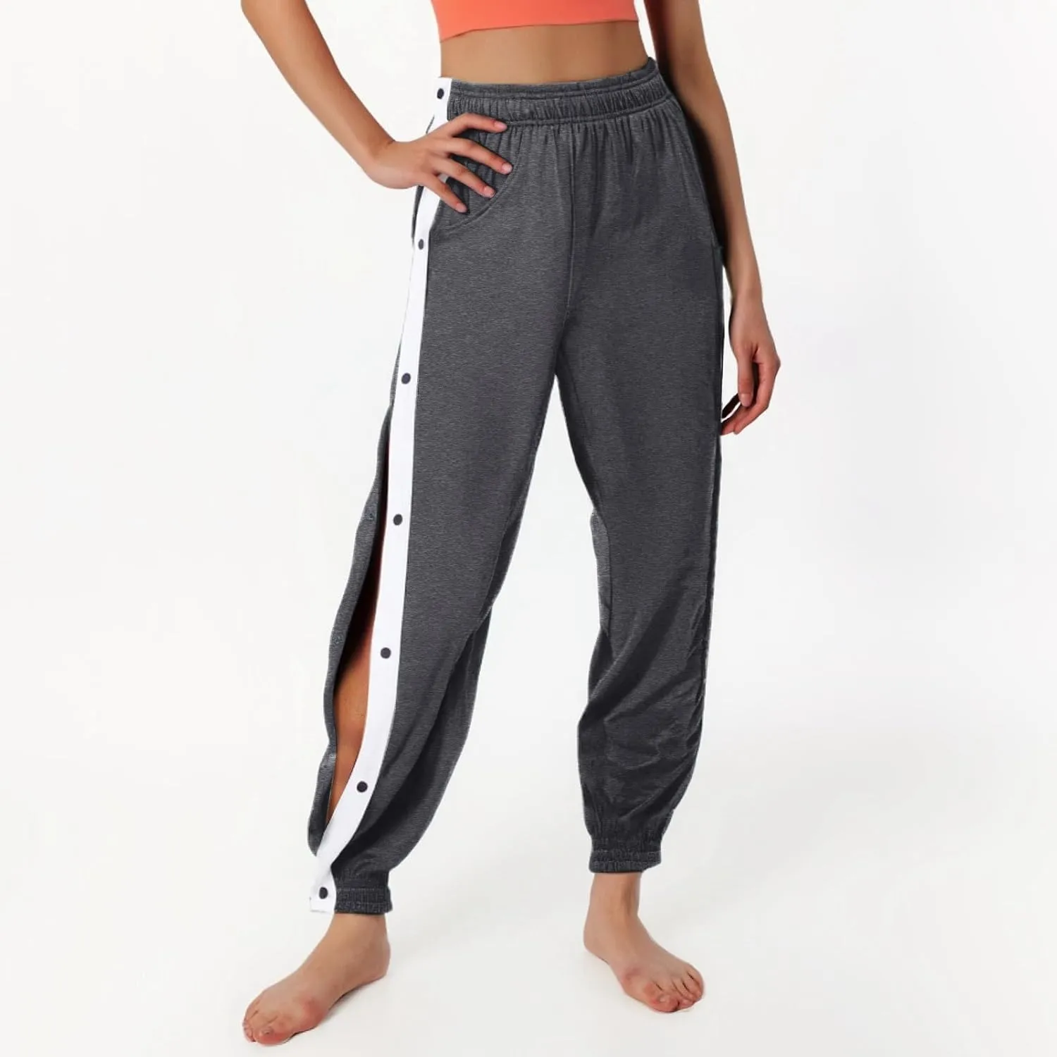 Women's Pants Side Split Snap Button Joggers Tear-Away Warm Up Sweatpants Elastic Cinch Bottom Active Workout Trousers