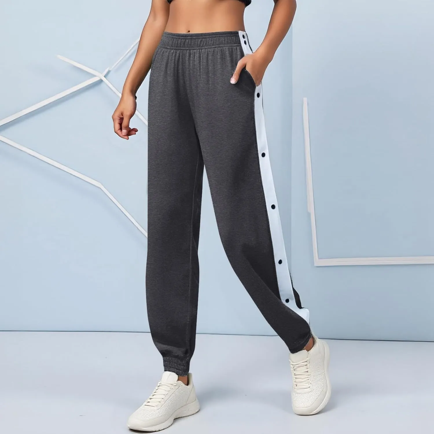 Women's Pants Side Split Snap Button Joggers Tear-Away Warm Up Sweatpants Elastic Cinch Bottom Active Workout Trousers