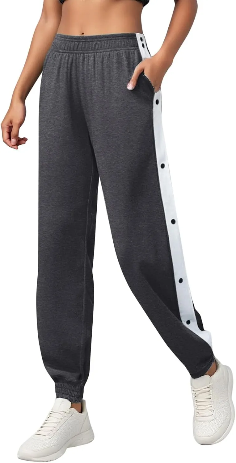 Women's Pants Side Split Snap Button Joggers Tear-Away Warm Up Sweatpants Elastic Cinch Bottom Active Workout Trousers