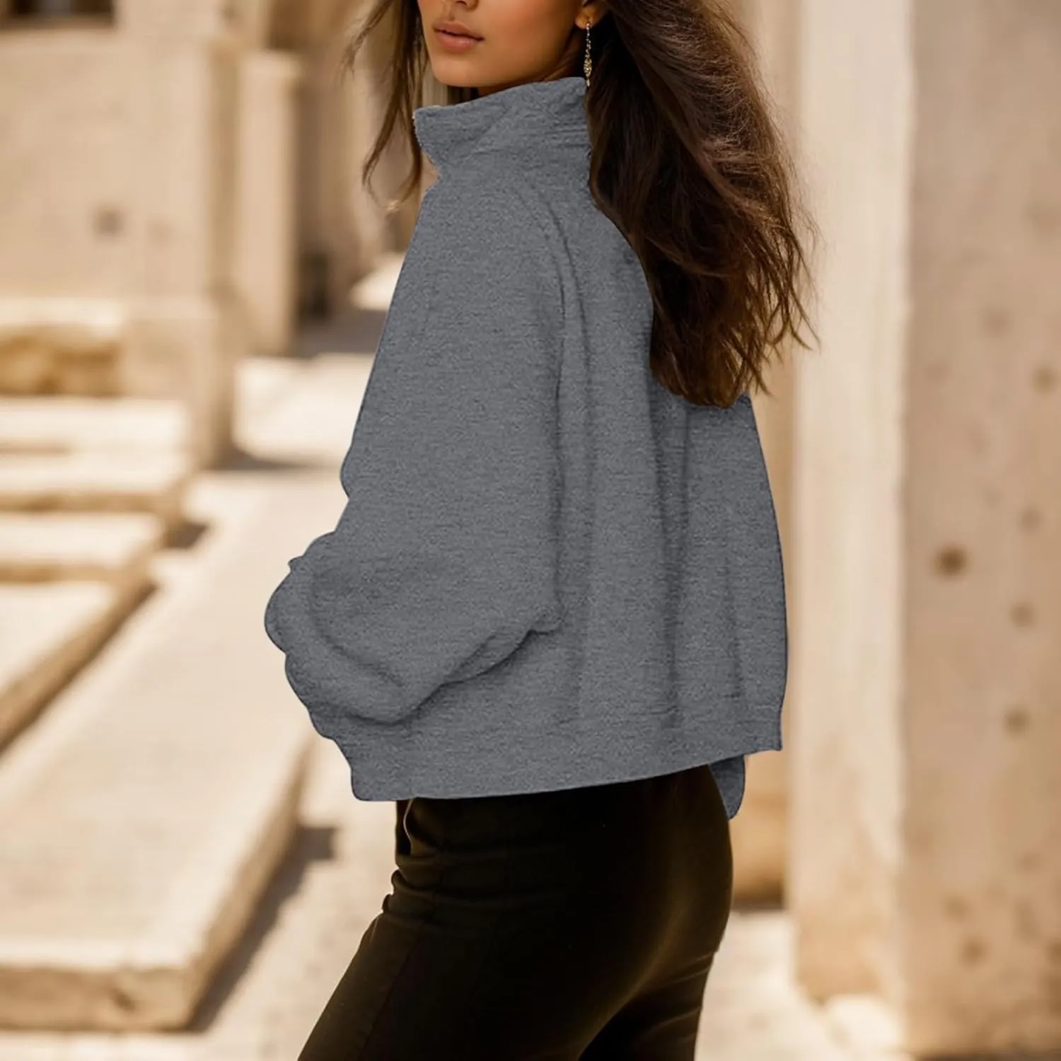 Womens Shirt Womens Sweatshirts Half Zip Cropped Pullover Fleece Quarter Zipper Hoodies Fall outfits Clothes