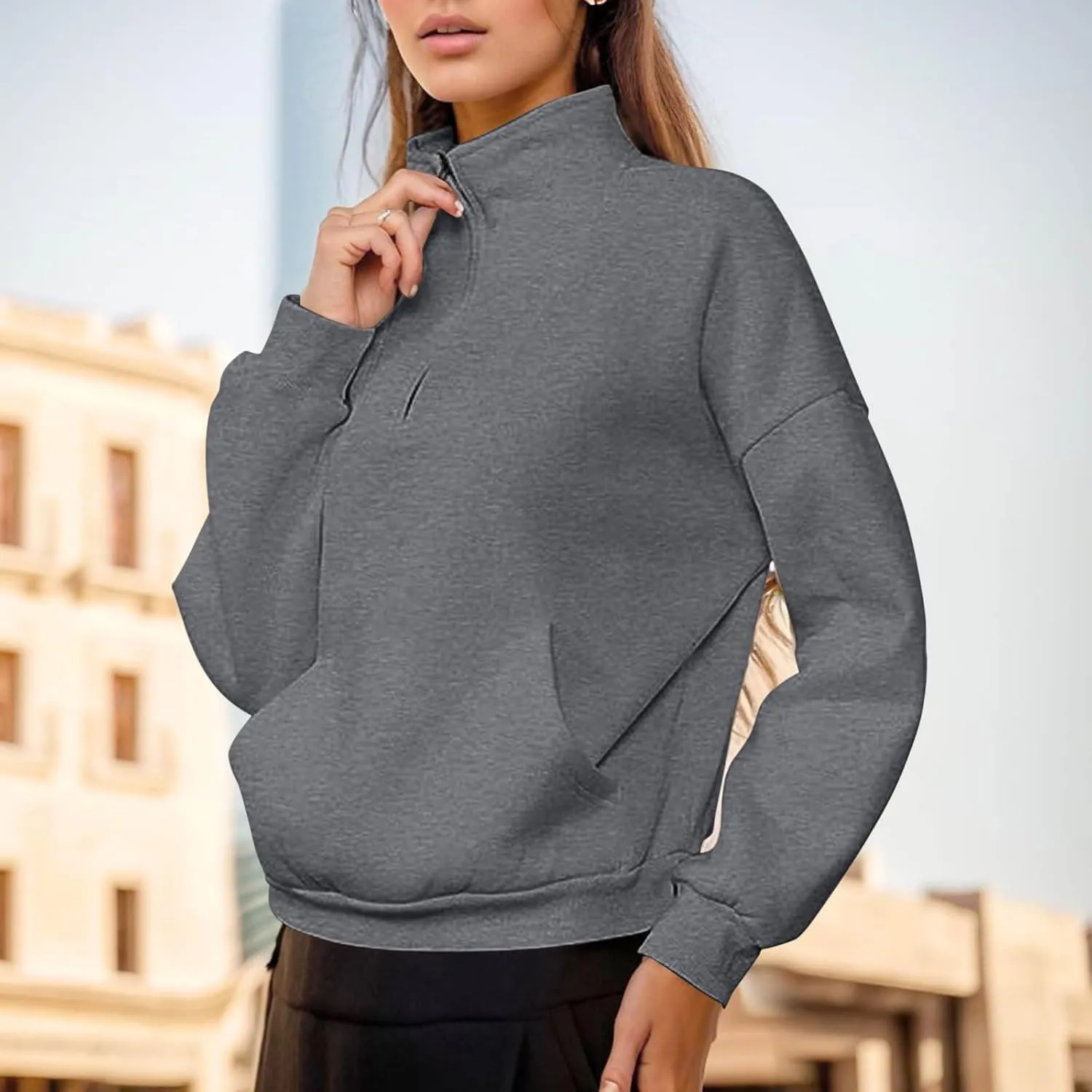 Womens Shirt Womens Sweatshirts Half Zip Cropped Pullover Fleece Quarter Zipper Hoodies Fall outfits Clothes