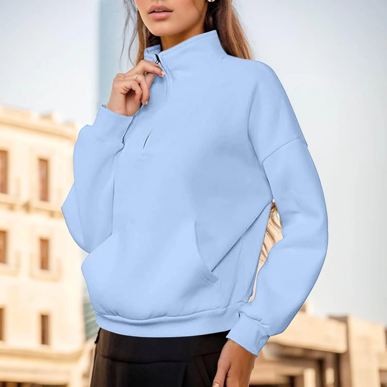 Womens Shirt Womens Sweatshirts Half Zip Cropped Pullover Fleece Quarter Zipper Hoodies Fall outfits Clothes