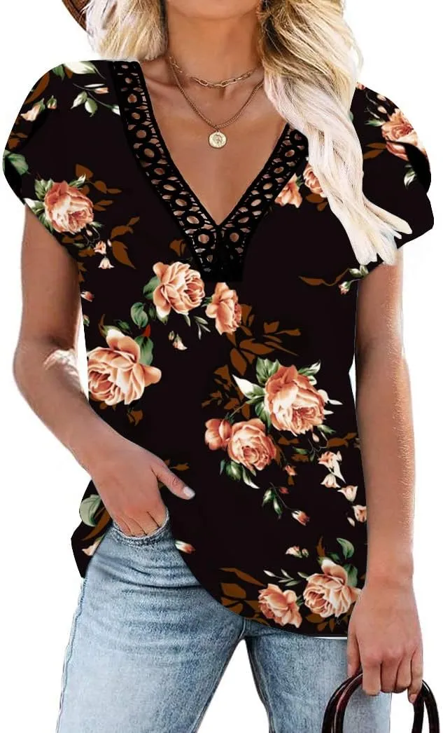 Women's Short Petal Sleeve Shirts V Neck Lace T Shirt Loose Fit Tops