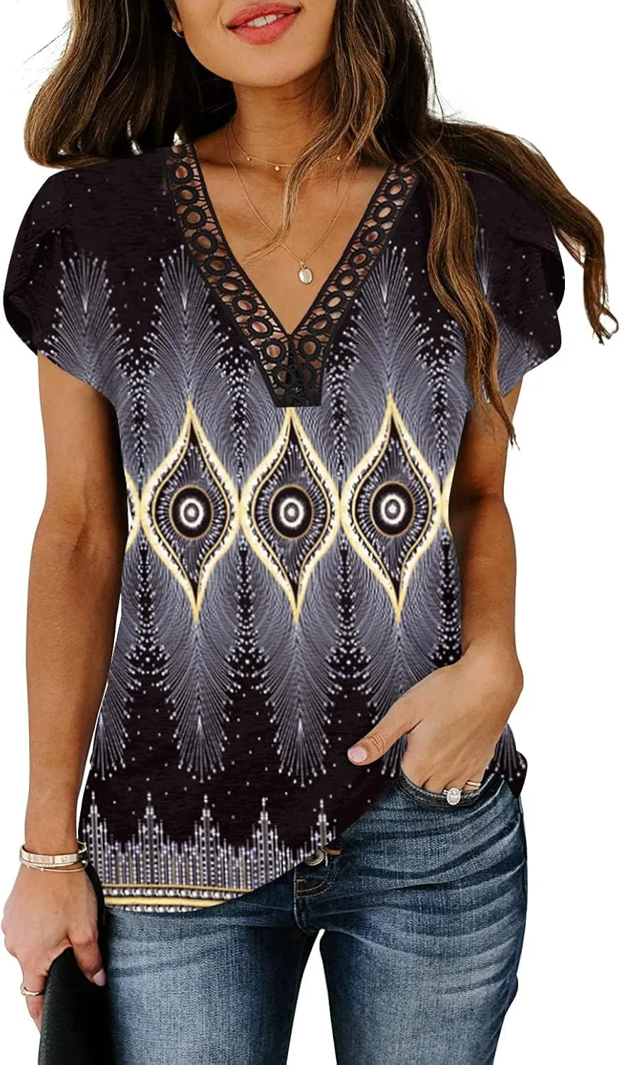 Women's Short Petal Sleeve Shirts V Neck Lace T Shirt Loose Fit Tops