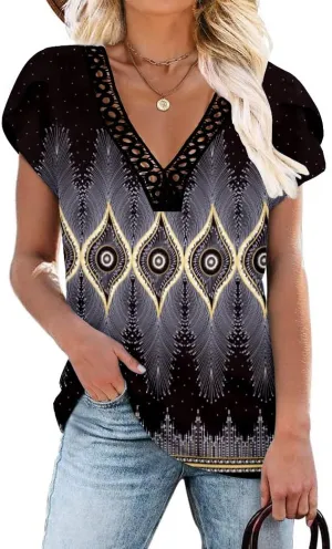 Women's Short Petal Sleeve Shirts V Neck Lace T Shirt Loose Fit Tops