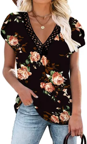 Women's Short Petal Sleeve Shirts V Neck Lace T Shirt Loose Fit Tops