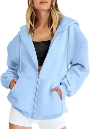 Women’s Slub Knit Full-Zip Hoodie Women Loose Hoodie Long Hooded Tops Ladies Sweatshirt Sweaters Casual Fashion